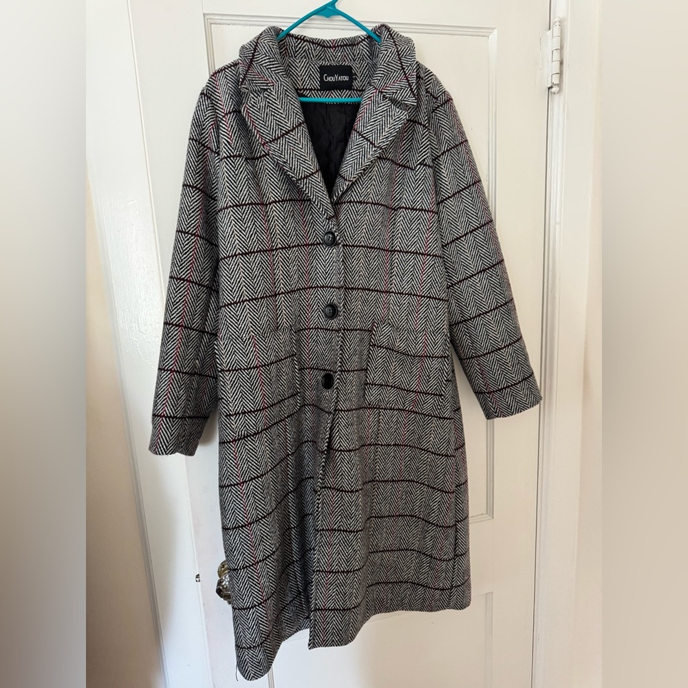 Chouyatou Notch Lapel Single Breasted mid-long wool blend plaid Herringbone Coat